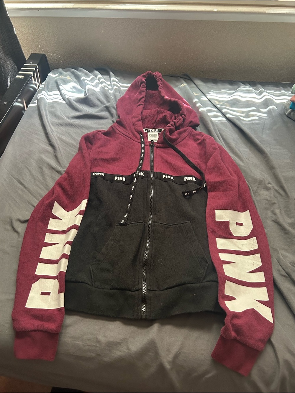 PINK Victoria's Secret Maroon Zip Hoodie with Black Trim